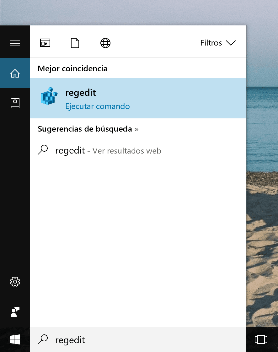 ejecutar regedit desde Cortana